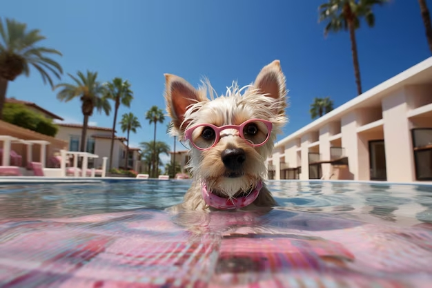 there is small dog wearing pink glasses pool